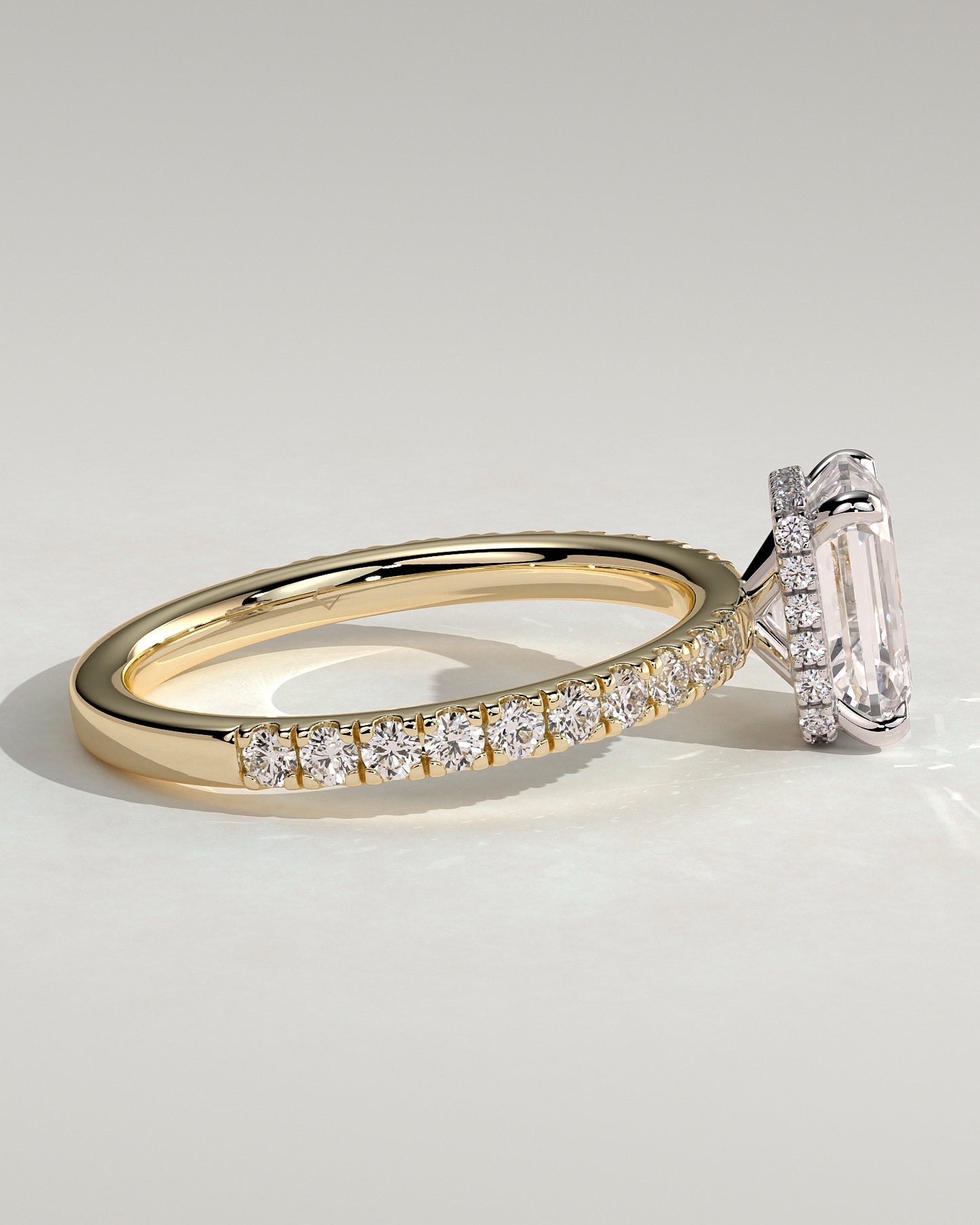 Eliana - Emerald Claw Solitaire with Wrap Around Hidden Halo and Pave Band Engagement Ring - Yellow Two-Tone - Yellow Two-Tone 2ct