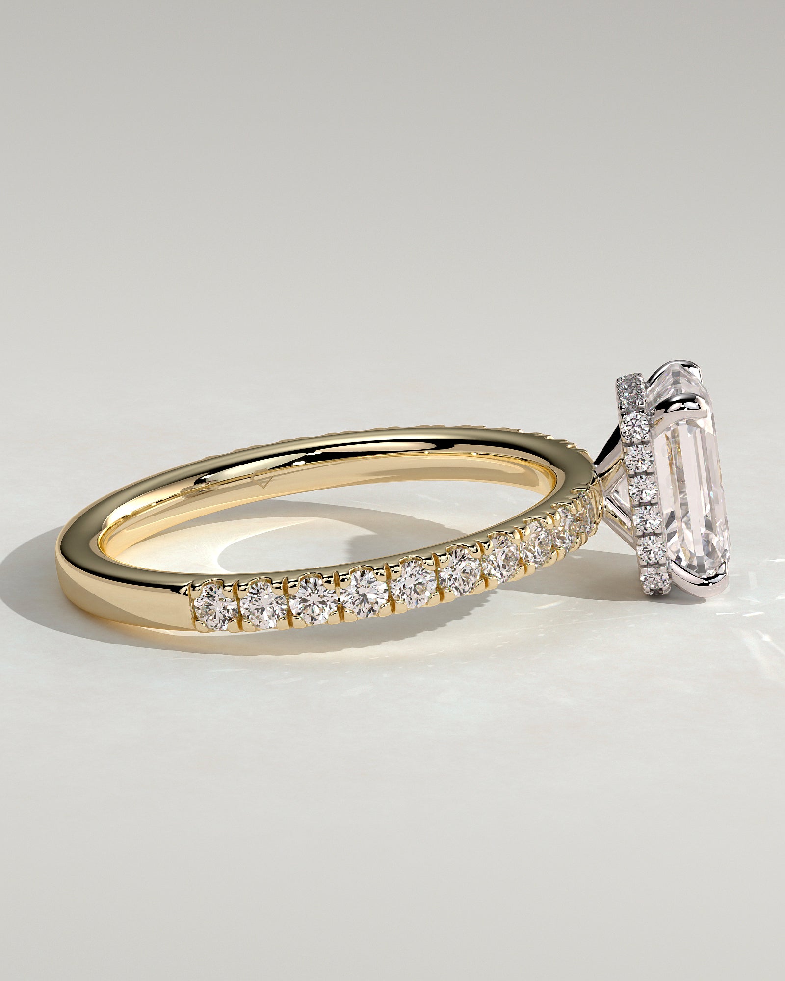 Eliana - Emerald Claw Solitaire with Wrap Around Hidden Halo and Pave Band Engagement Ring - Yellow Two-Tone - Yellow Two-Tone 2ct