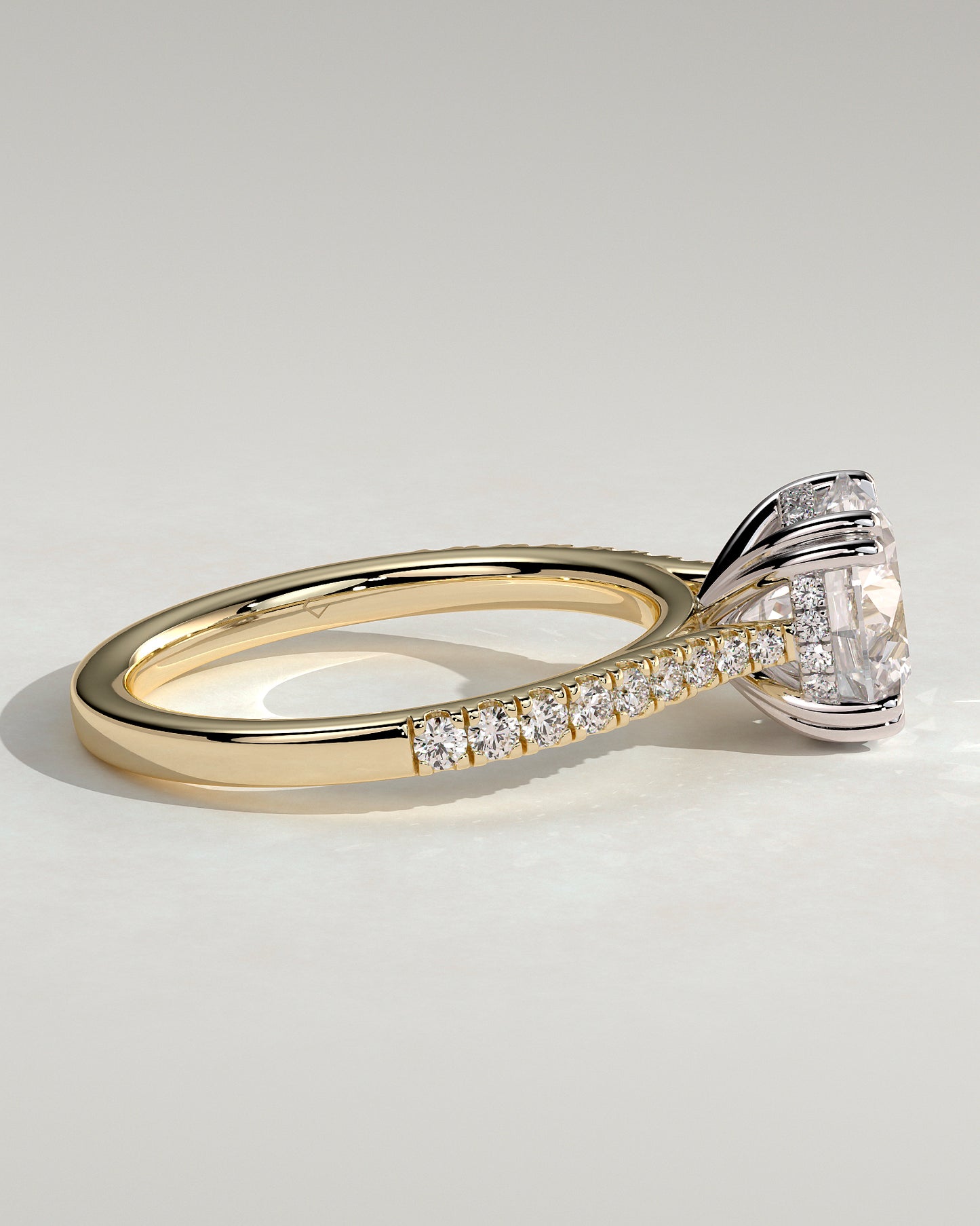 Amelia - Round Double Claw Solitaire with Hidden Halo, Tapered Pave Band and Cathedral High Setting Engagement Ring - Yellow Two-Tone - Yellow Two-Tone 2ct
