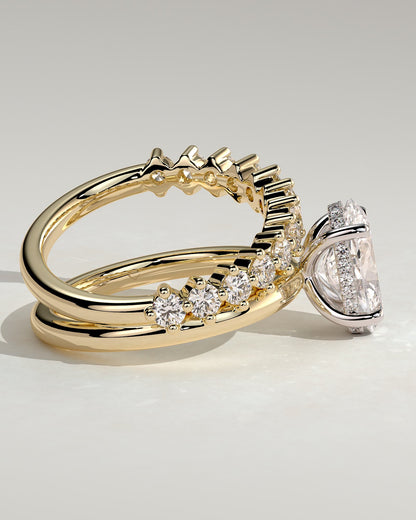 Athena - Oval Claw Solitaire with Double Plain-and-Round-Accent Stones Band Engagement Ring - Yellow Two-Tone