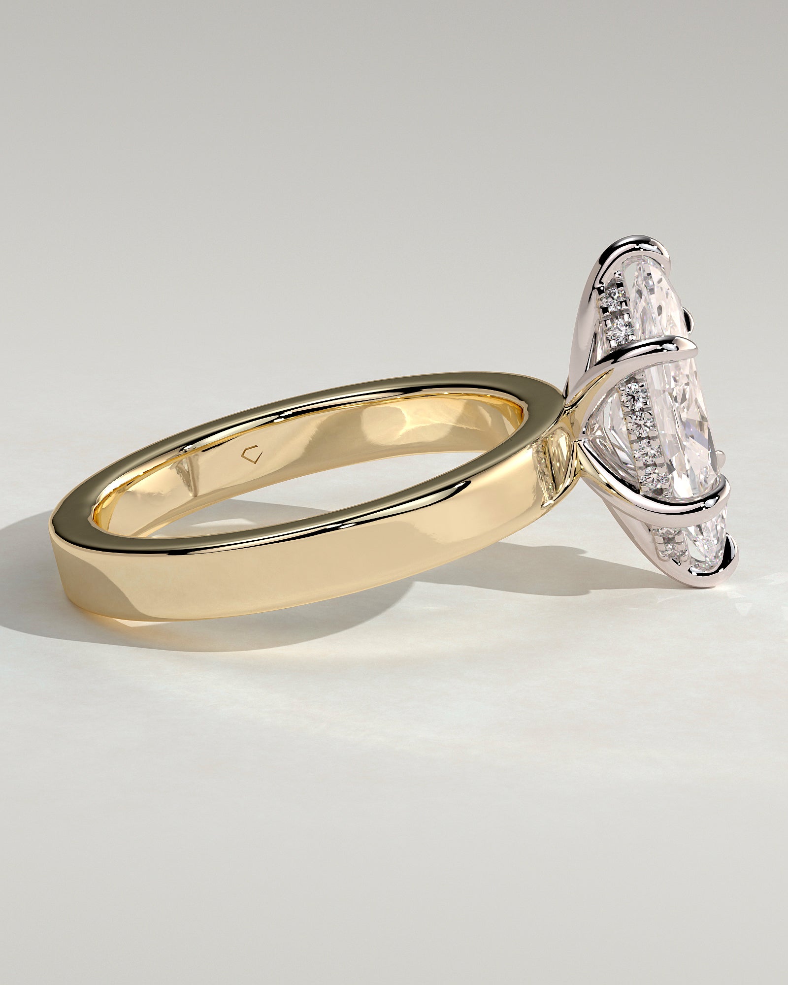 Aisha - Marquise Claw Solitaire with Flat Cigar Band and Hidden Halo Engagement Ring - Yellow Two-Tone - Yellow Two-Tone 2ct