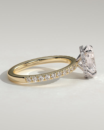 Evangeline - Oval Claw Solitaire with Wrap Around Hidden Halo and Pave Band Engagement Ring - Yellow Two-Tone