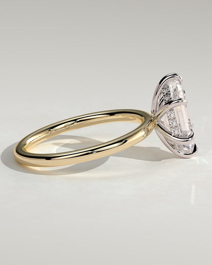 Delta - Elongated Hexagon Claw Solitaire with Hidden Halo Engagement Ring - Yellow Two-Tone