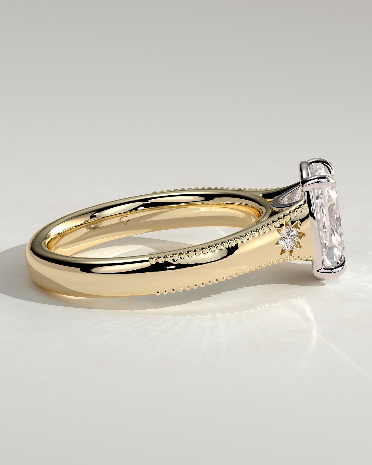 Taylor - Vintage Style Elongated Cushion Claw Solitaire with Bezel Frame and Star Set Accent Stones, Milgrain and Pinched Reverse Tapered Band Engagement Ring - Yellow Two-Tone