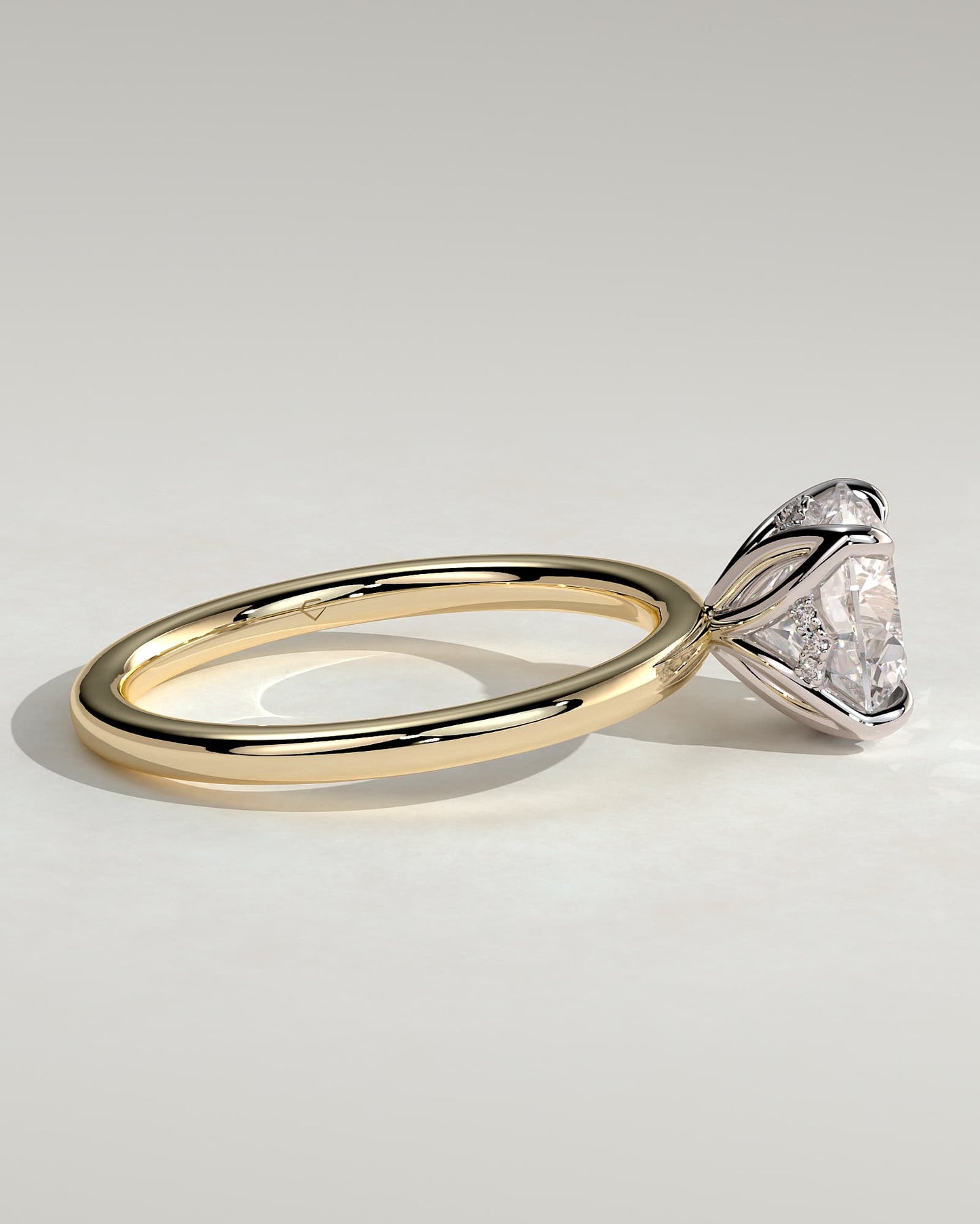 Dahlia - Round Claw Solitaire with Petal Gallery and Accented Tiara Detail Engagement Ring - Yellow Two-Tone