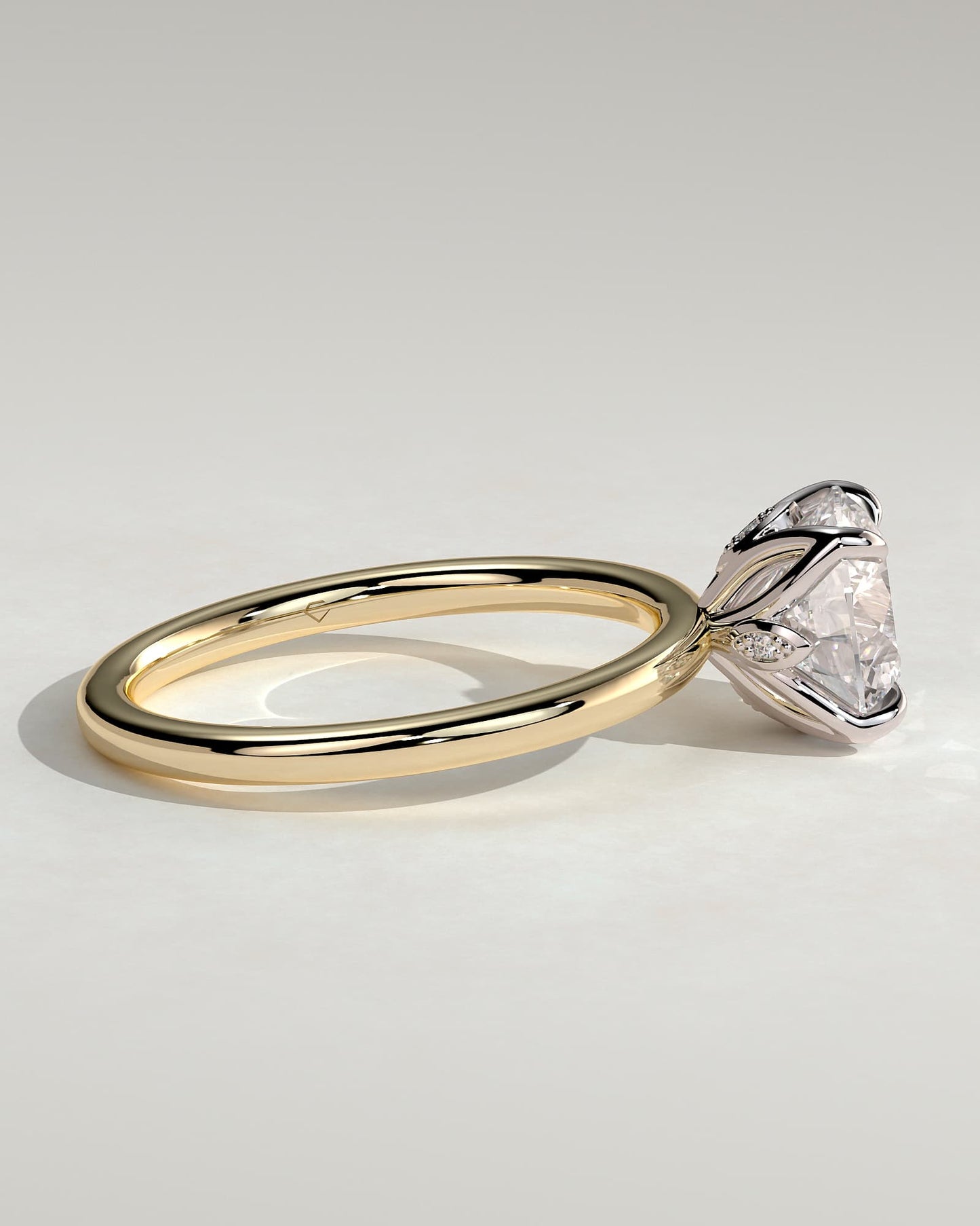 Joy - Round Claw Solitaire with Petal Gallery and Accent Leaf Detail Engagement Ring - Yellow Two-Tone