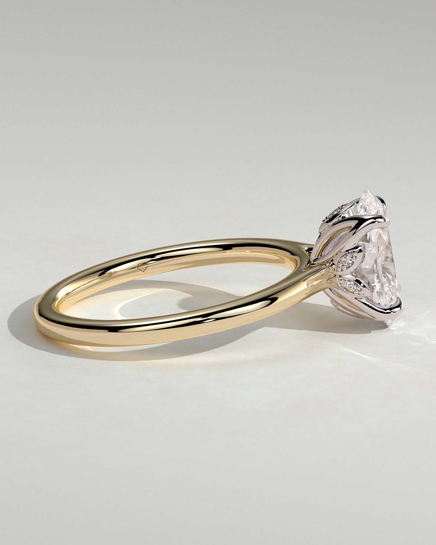 Erica - Oval Claw Solitaire with Petal Gallery, Accent Leaf Detail and Cathedral Setting Engagement Ring - Yellow Two-Tone - Yellow Two-Tone 2ct