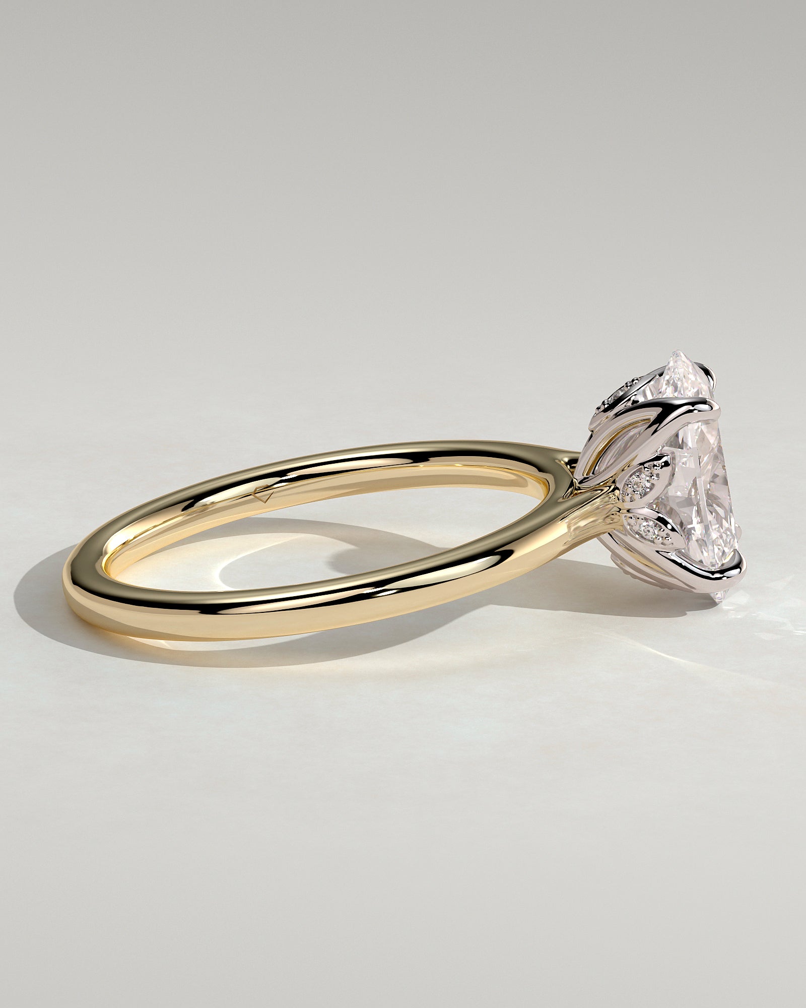 Erica - Oval Claw Solitaire with Petal Gallery, Accent Leaf Detail and Cathedral Setting Engagement Ring - Yellow Two-Tone - Yellow Two-Tone 2ct