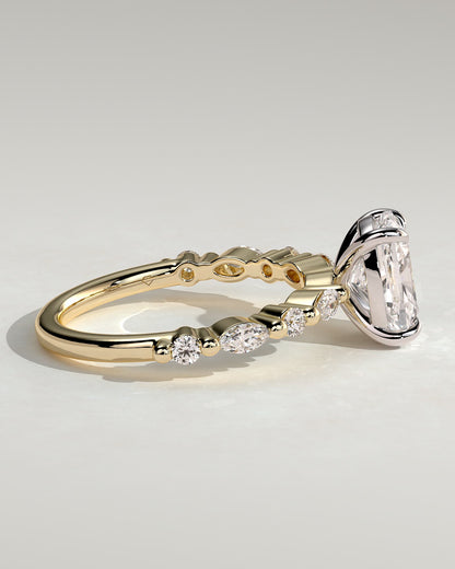 Delphine - Elongated Cushion Claw Solitaire with Marquise and Round Accent Stones Engagement Ring - Yellow Two-Tone