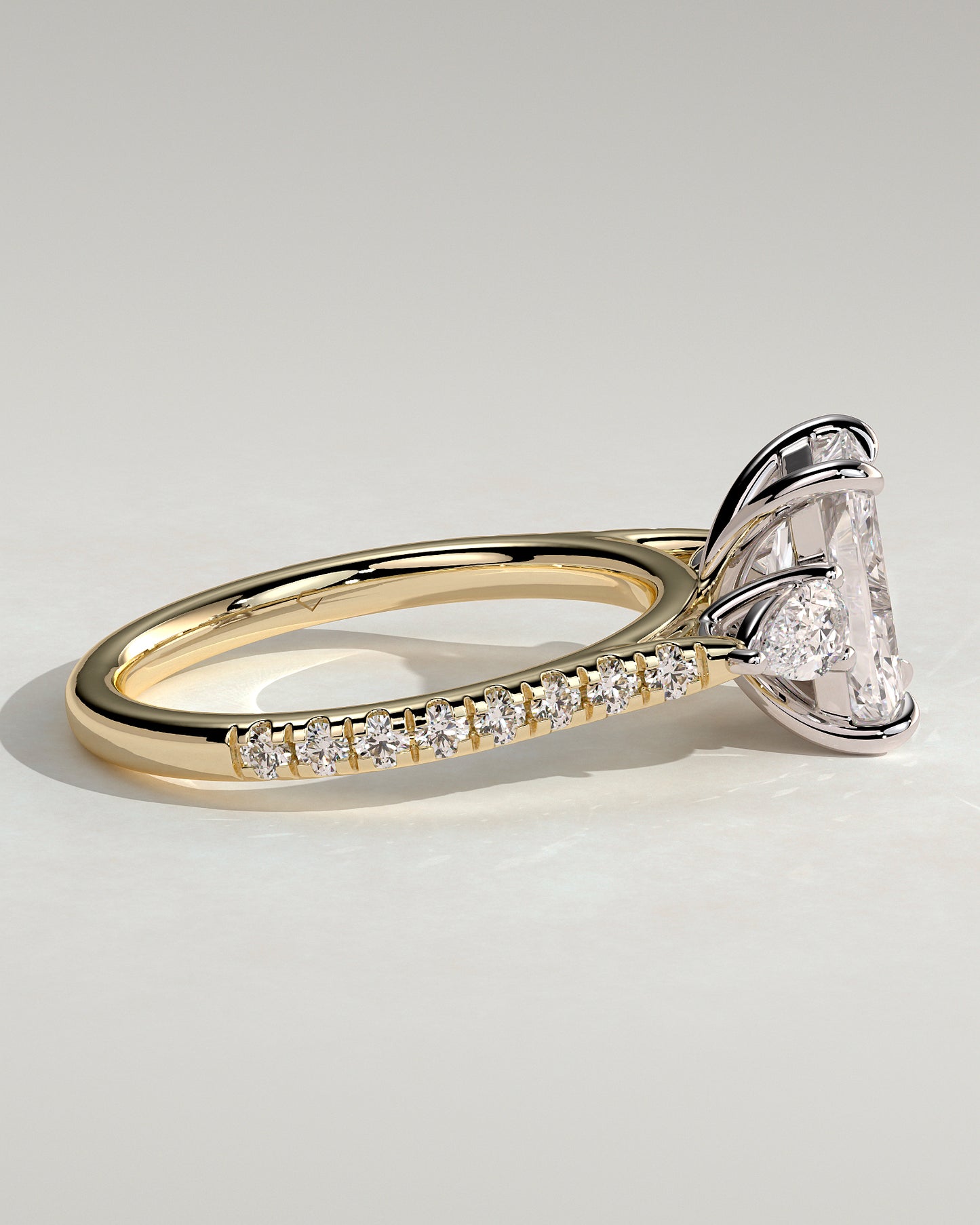 Ginny - Radiant Claw Trilogy with Pear Side Stones and Pave Band Engagement Ring - Yellow Two-Tone - Yellow Two-Tone 2ct