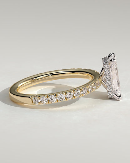 Ellie - Radiant Claw Solitaire with Wrap Around Hidden Halo and Pave Band Engagement Ring - Yellow Two-Tone