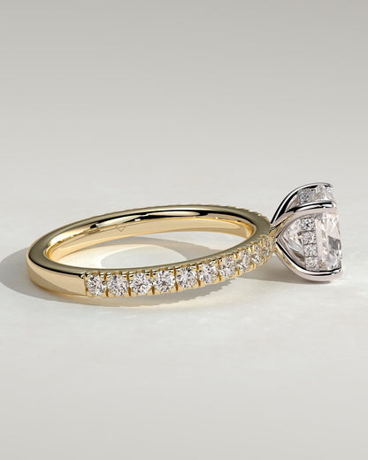 Claudia - Cushion Claw Solitaire with Hidden Halo and Pave Band Engagement Ring - Yellow Two-Tone