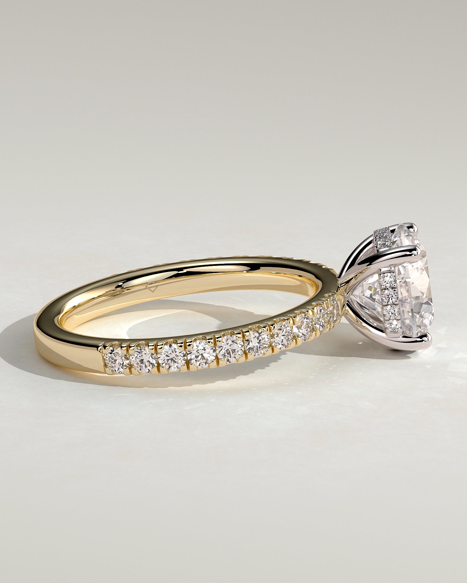 Charlie - Round Claw Solitaire with Hidden Halo and Pave Band Engagement Ring - Yellow Two-Tone - Yellow Two-Tone 2ct