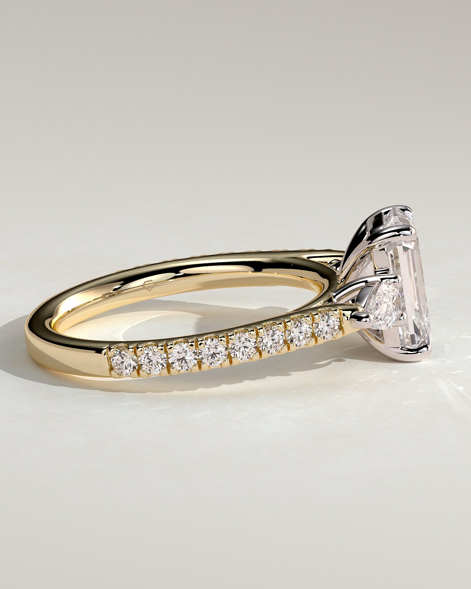 Autumn - Emerald Claw Trilogy with Pear Side Stones and Pave Band Engagement Ring - Yellow Two-Tone - Yellow Two-Tone 2ct