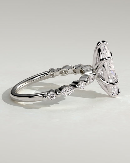 Beatrice - Marquise Claw Solitaire with Marquise and Round Accent Stones Engagement Ring - White Gold