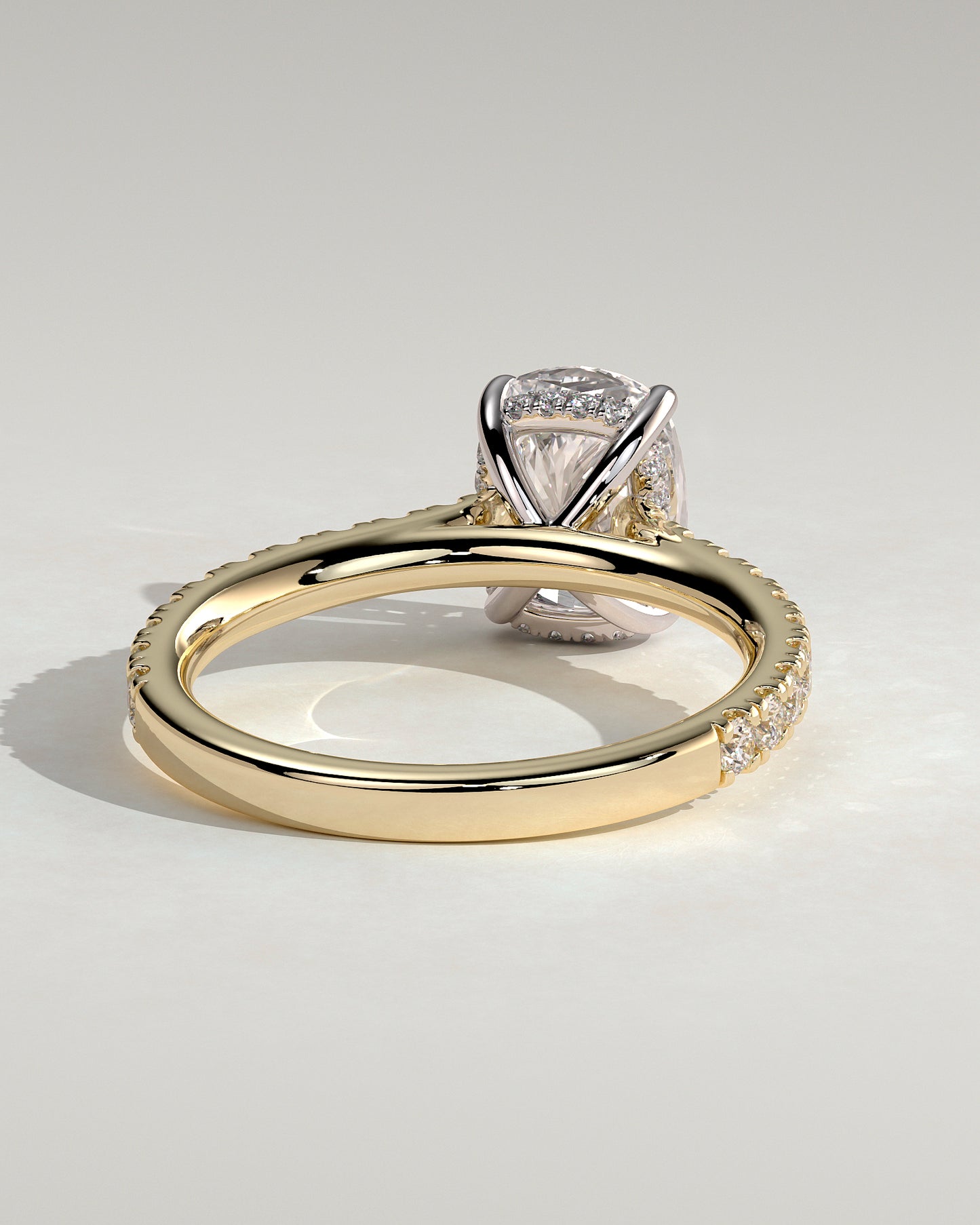 Annika - Elongated Cushion Claw Solitaire with Hidden Halo, Pave Band and Cathedral High Setting Engagement Ring - Yellow Two-Tone - Yellow Two-Tone 2ct