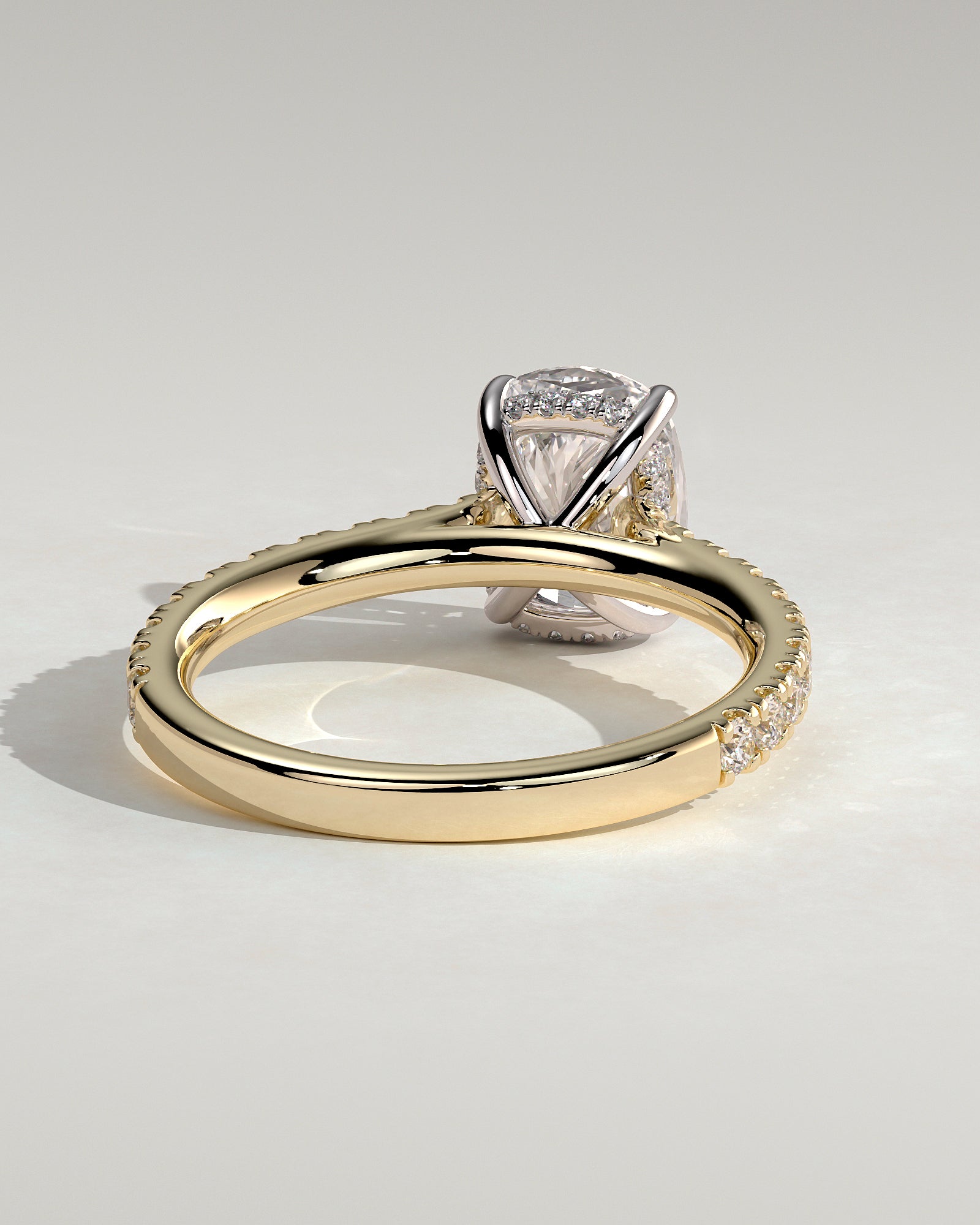 Annika - Elongated Cushion Claw Solitaire with Hidden Halo, Pave Band and Cathedral High Setting Engagement Ring - Yellow Two-Tone - Yellow Two-Tone 2ct
