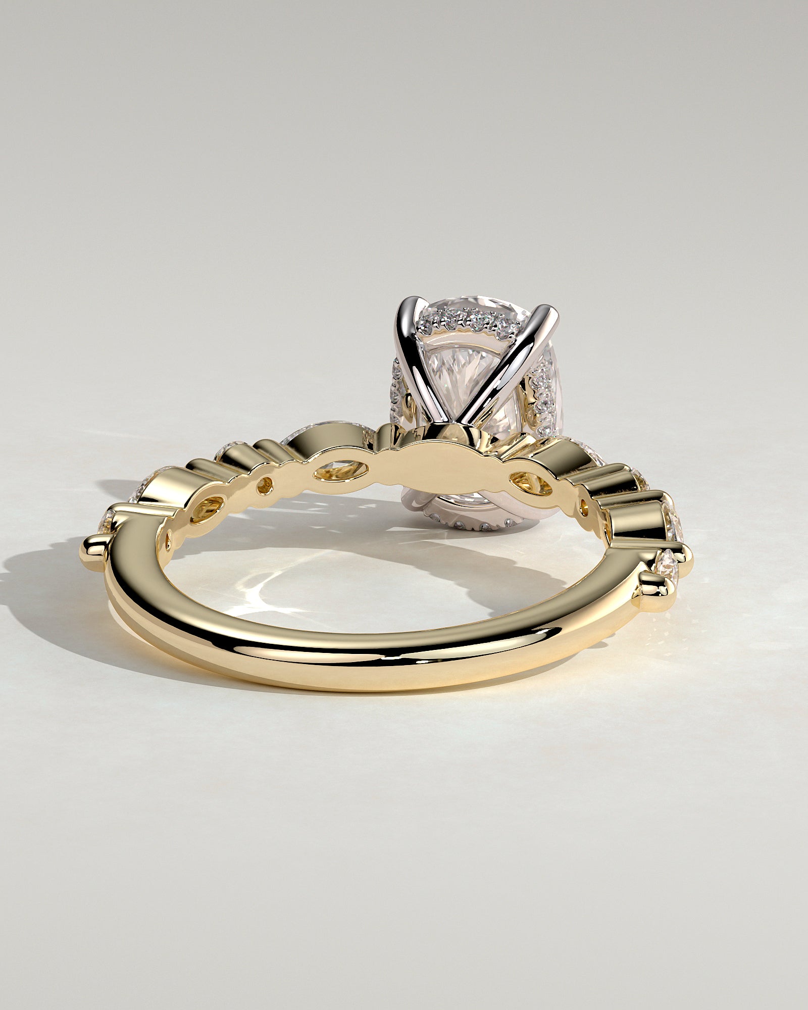 Cali - Elongated Cushion Claw Solitaire with Marquise-Round Accent Stones and Hidden Halo Engagement Ring - Yellow Two-Tone - Yellow Two-Tone 2ct