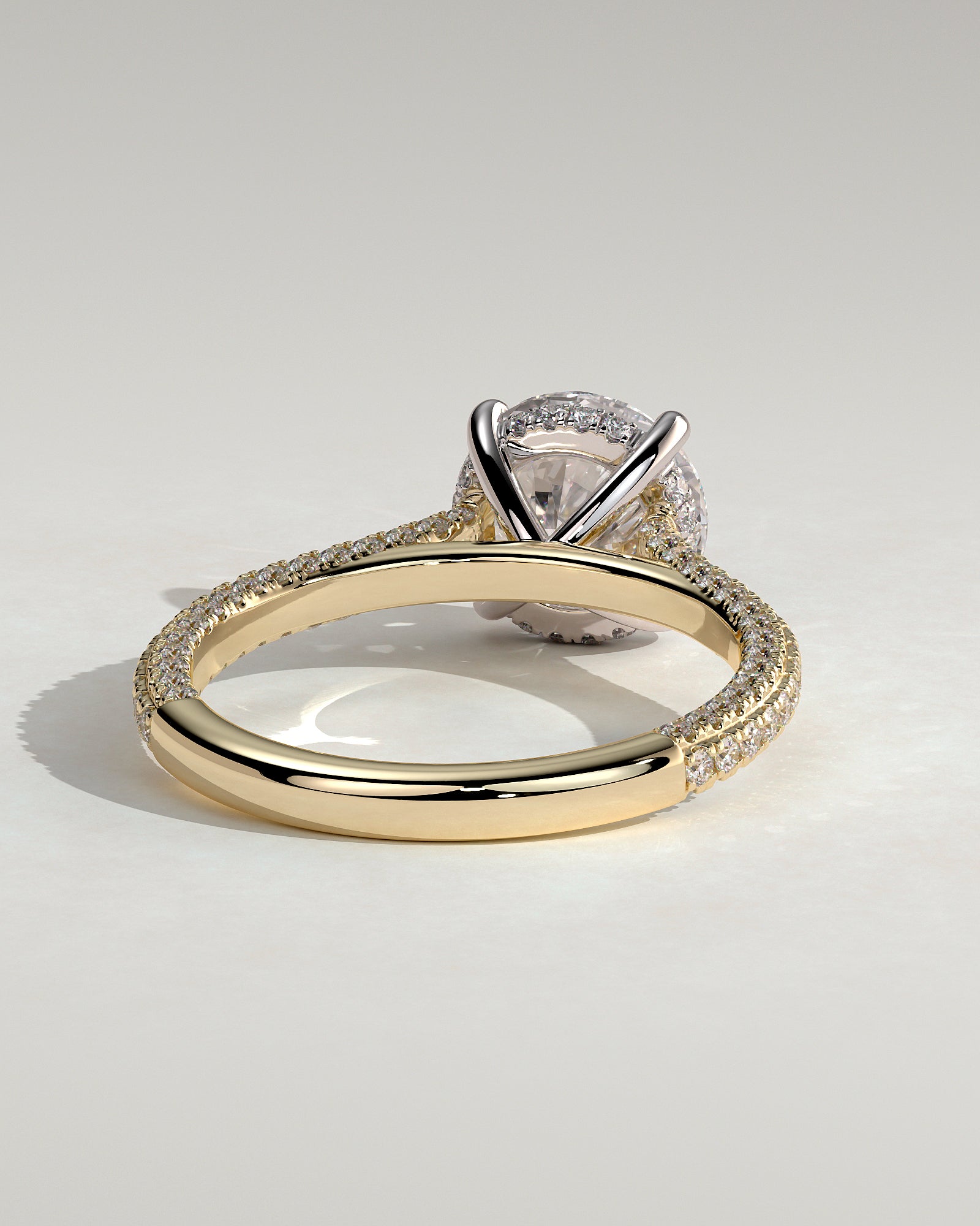 Chelsea - Round Claw Solitaire with Hidden Halo, Triple Pave Band and Cathedral High Setting Engagement Ring - Yellow Two-Tone - Yellow Two-Tone 2ct
