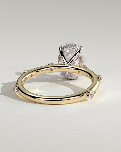 Elise - Oval Claw Solitaire with 6 Spaced Round Accent Stones and Hidden Halo Engagement Ring - Yellow Two-Tone