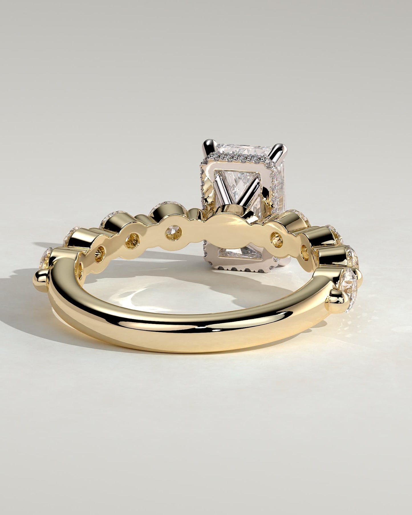 Josephine - Radiant Claw Solitaire with Round Accent Stones and Wrap Around Hidden Halo Engagement Ring - Yellow Two-Tone