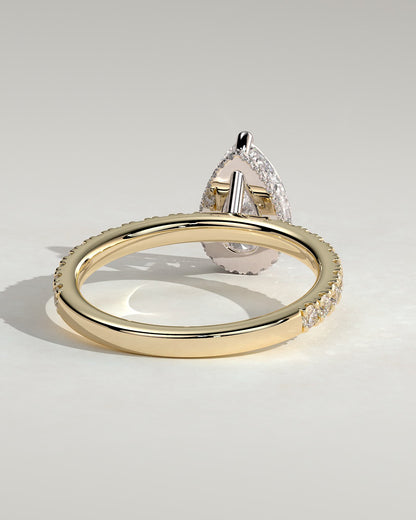 Keira - Pear Claw Solitaire with Wrap Around Hidden Halo and Pave Band Engagement Ring - Yellow Two-Tone