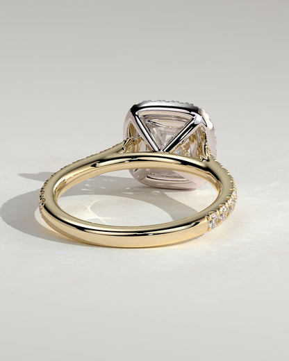 Nicole - Cushion Claw Solitaire with Halo and Pave Band and Cathedral High Setting Engagement Ring - Yellow Two-Tone