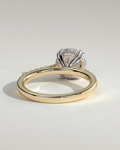 Amelia - Round Double Claw Solitaire with Hidden Halo, Tapered Pave Band and Cathedral High Setting Engagement Ring - Yellow Two-Tone