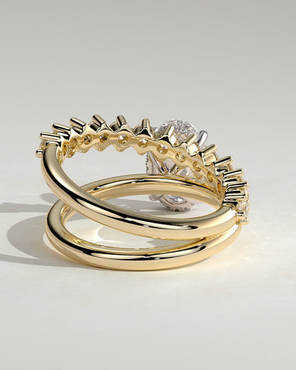 Athena - Oval Claw Solitaire with Double Plain-and-Round-Accent Stones Band Engagement Ring - Yellow Two-Tone