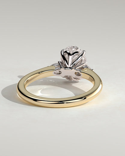 Elena - Oval Claw Trilogy with Pear Side Stones and Tulip Detail Engagement Ring - Yellow Two-Tone