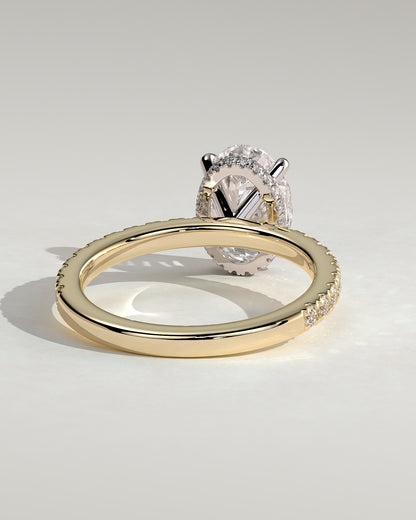 Evangeline - Oval Claw Solitaire with Wrap Around Hidden Halo and Pave Band Engagement Ring - Yellow Two-Tone