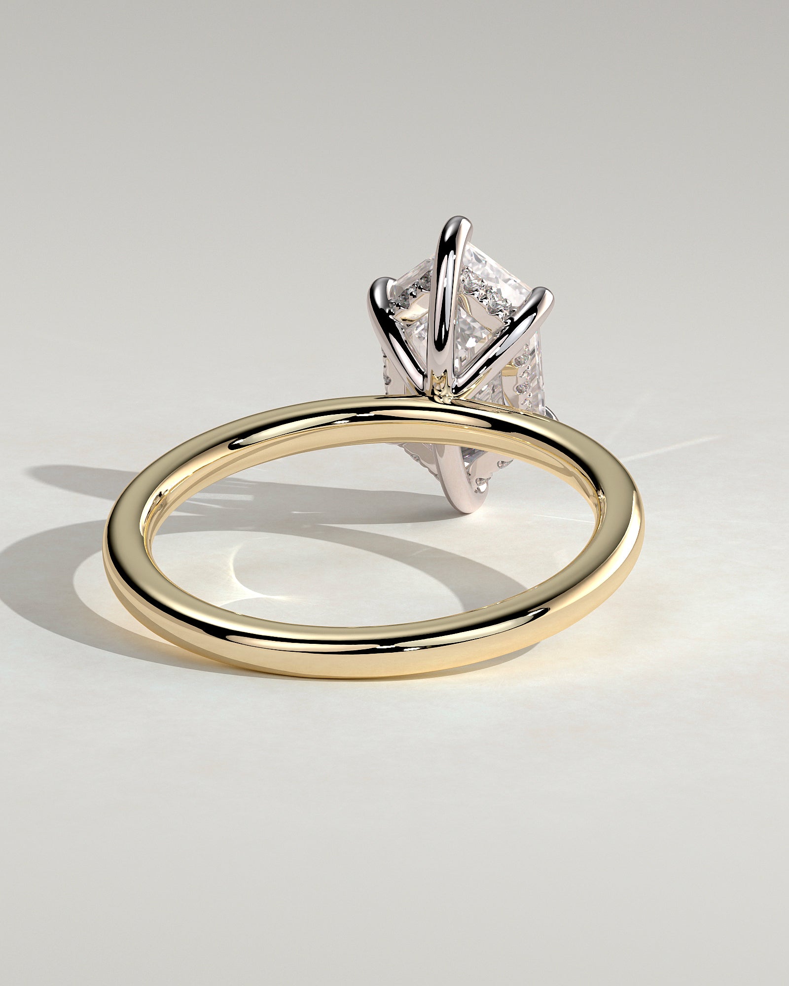 Delta - Elongated Hexagon Claw Solitaire with Hidden Halo Engagement Ring - Yellow Two-Tone - Yellow Two-Tone 2ct