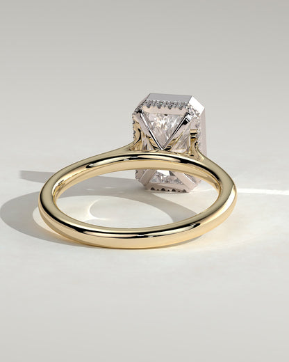 Bennie - Radiant Bezel Solitaire with Hidden Halo and Cathedral High Setting Engagement Ring - Yellow Two-Tone