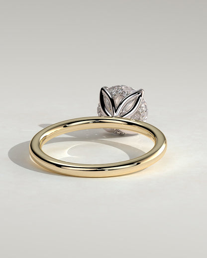 Dahlia - Round Claw Solitaire with Petal Gallery and Accented Tiara Detail Engagement Ring - Yellow Two-Tone