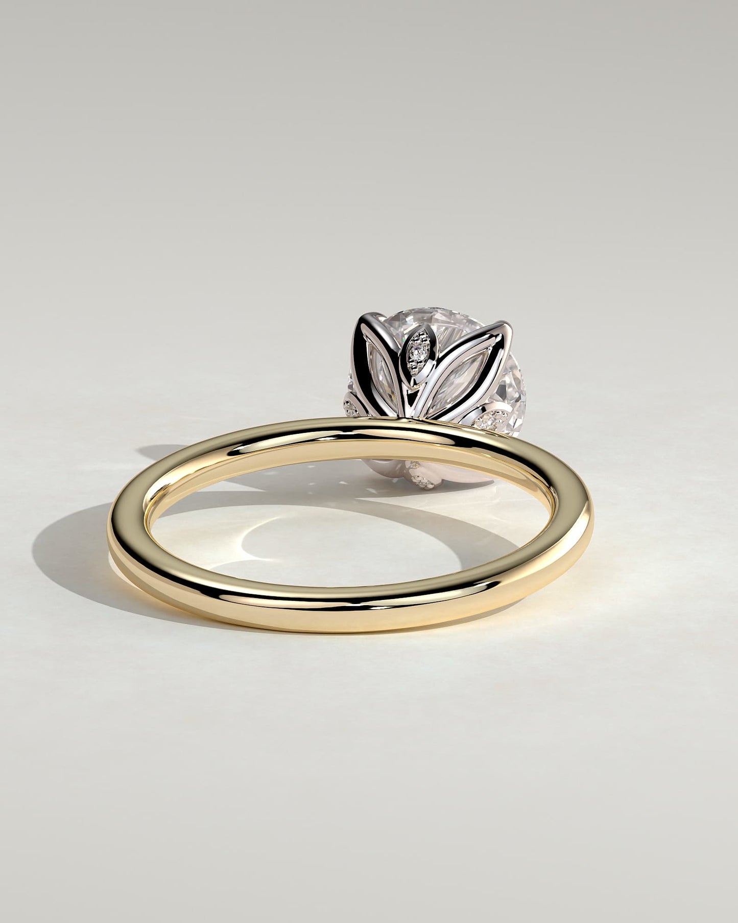 Joy - Round Claw Solitaire with Petal Gallery and Accent Leaf Detail Engagement Ring - Yellow Two-Tone