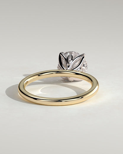 Joy - Round Claw Solitaire with Petal Gallery and Accent Leaf Detail Engagement Ring - Yellow Two-Tone