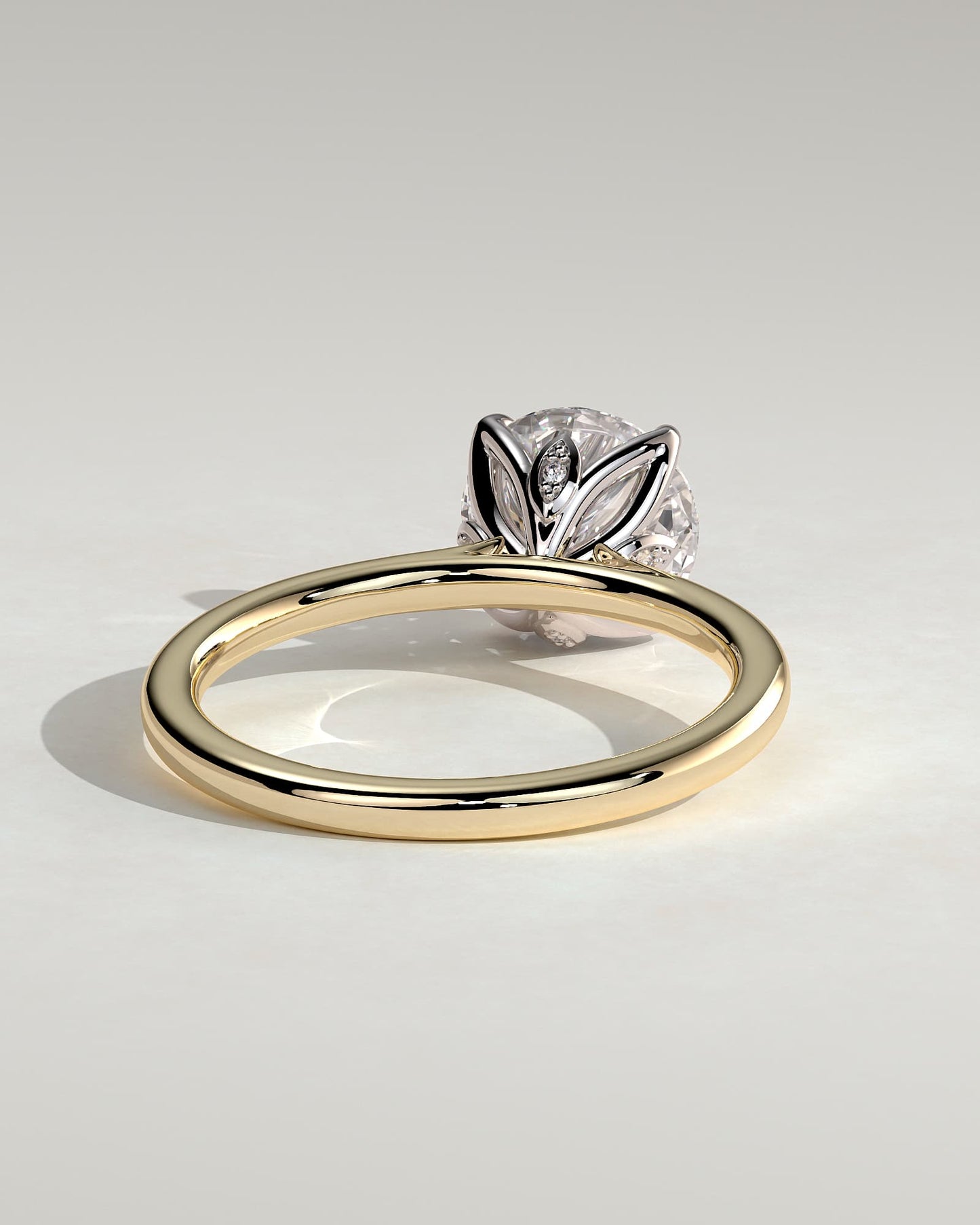 Brianna - Round Claw Solitaire with Petal Gallery, Accent Leaf Detail and Cathedral Setting Engagement Ring - Yellow Two-Tone