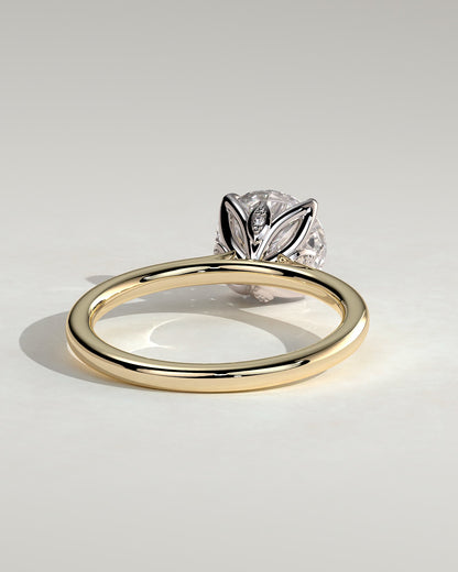Brianna - Round Claw Solitaire with Petal Gallery, Accent Leaf Detail and Cathedral Setting Engagement Ring - Yellow Two-Tone