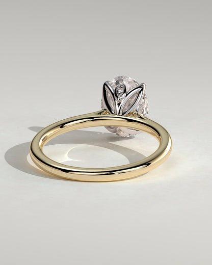 Erica - Oval Claw Solitaire with Petal Gallery, Accent Leaf Detail and Cathedral Setting Engagement Ring - Yellow Two-Tone