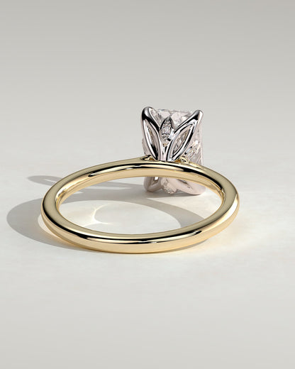 Harriet - Radiant Claw Solitaire with Petal Gallery, Accent Leaf Detail and Cathedral Setting Engagement Ring - Yellow Two-Tone