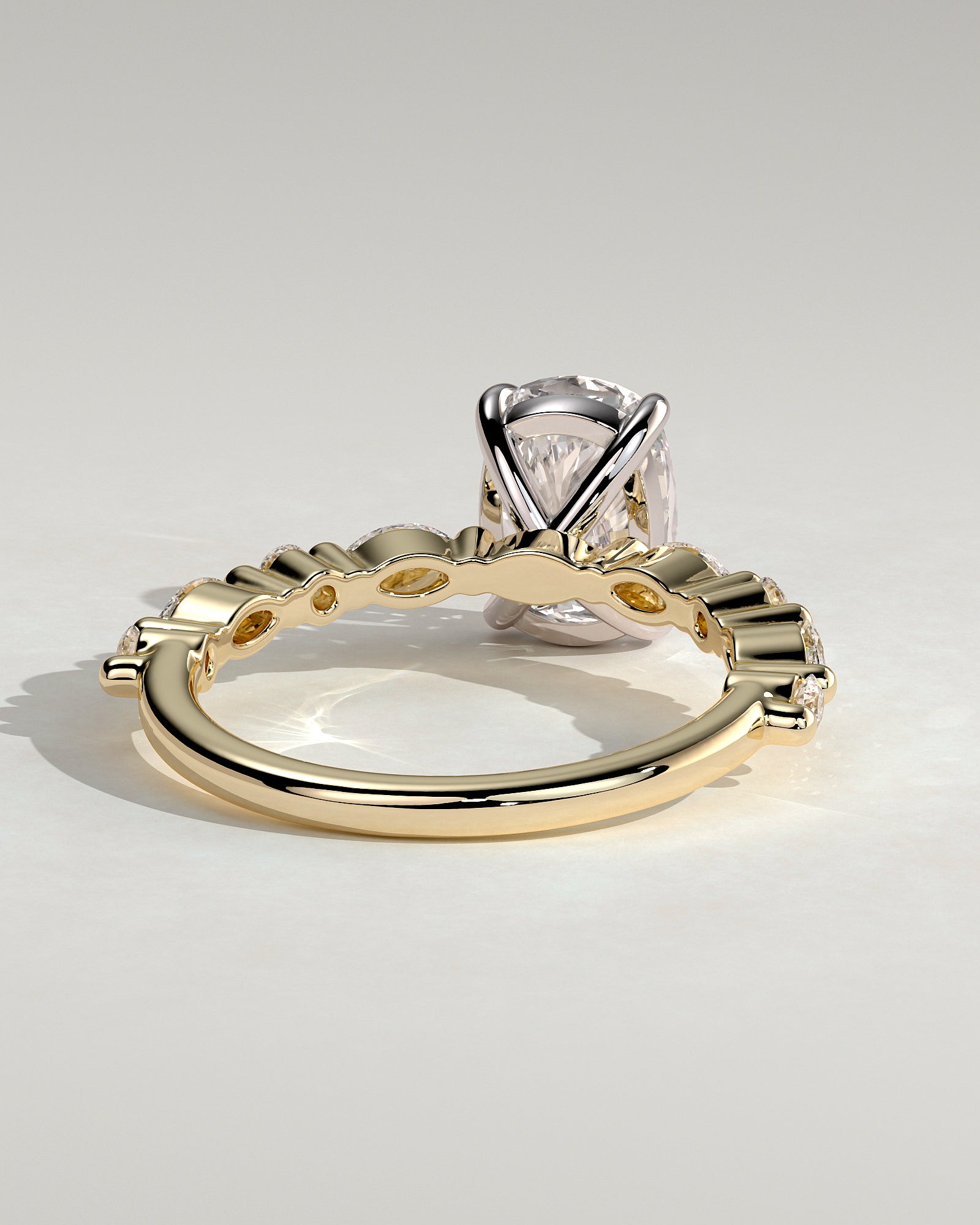 Delphine - Elongated Cushion Claw Solitaire with Marquise and Round Accent Stones Engagement Ring - Yellow Two-Tone - Yellow Two-Tone 2ct