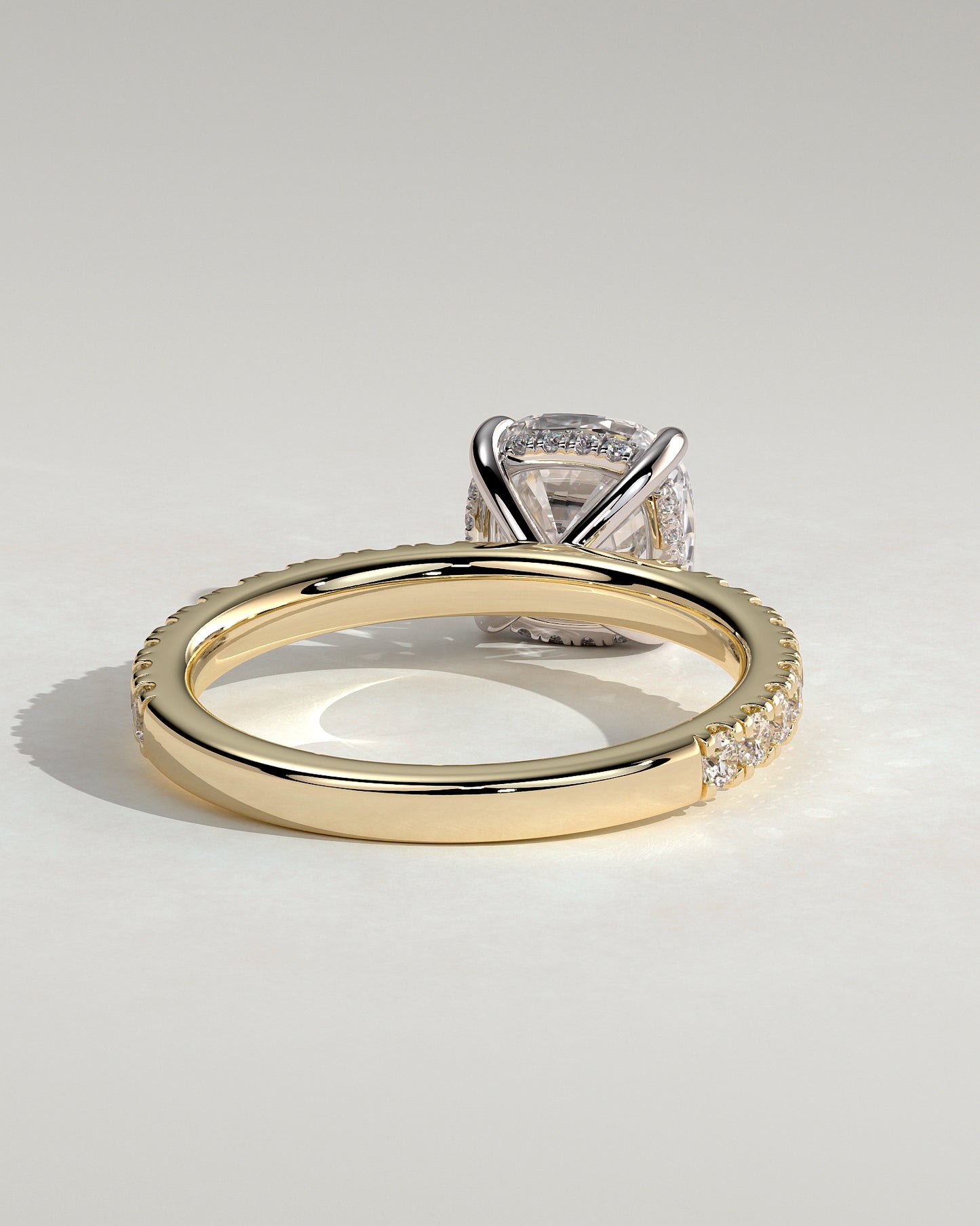 Claudia - Cushion Claw Solitaire with Hidden Halo and Pave Band Engagement Ring - Yellow Two-Tone - Yellow Two-Tone 2ct