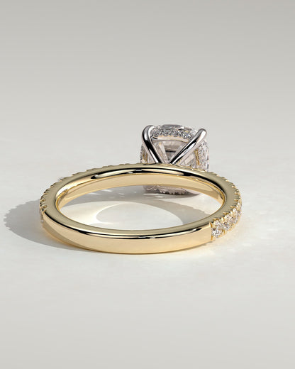 Claudia - Cushion Claw Solitaire with Hidden Halo and Pave Band Engagement Ring - Yellow Two-Tone