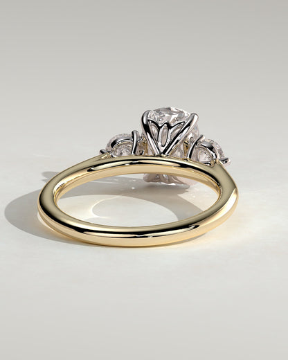 Charmaine - Elongated Cushion Claw Trilogy with Round Side Stones and Lily Detail Engagement Ring - Yellow Two-Tone
