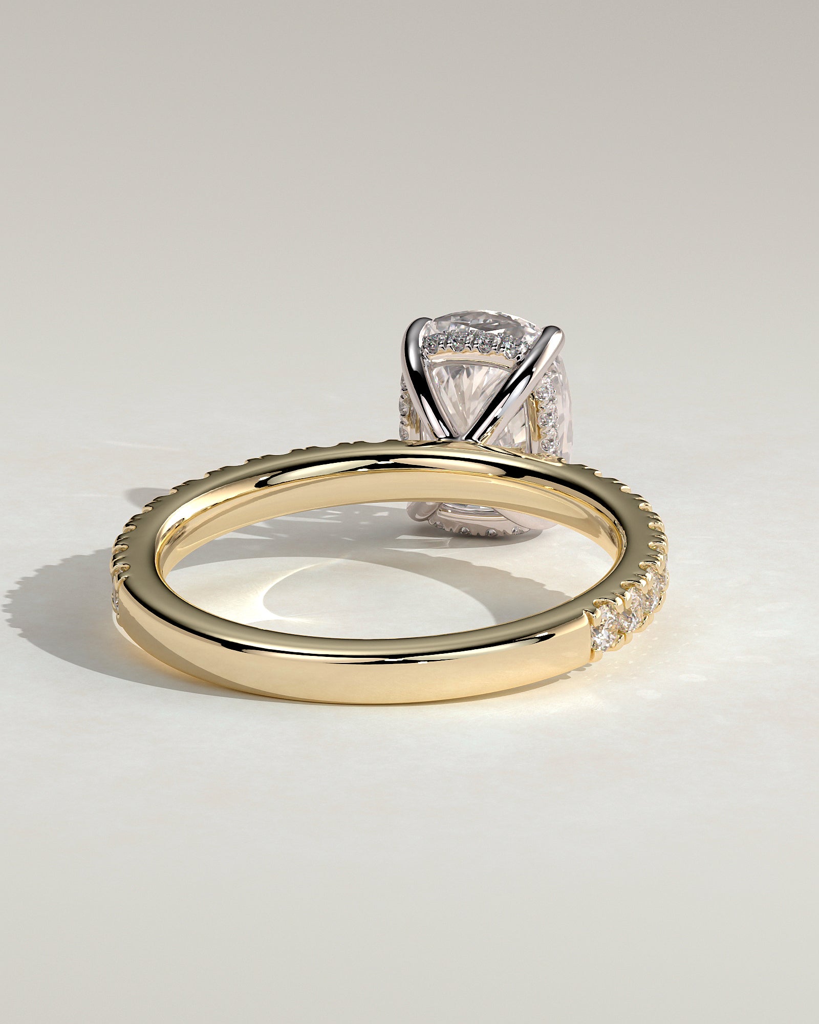 Camilla - Elongated Cushion Claw Solitaire with Hidden Halo and Pave Band Engagement Ring - Yellow Two-Tone - Yellow Two-Tone 2ct