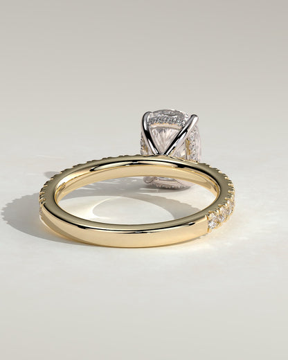Camilla - Elongated Cushion Claw Solitaire with Hidden Halo and Pave Band Engagement Ring - Yellow Two-Tone