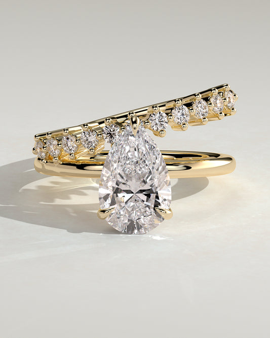 Xanthe - Pear Claw Solitaire with Double Plain-and-Round-Accent Stones Band Engagement Ring - Yellow Gold - Yellow Gold 2ct