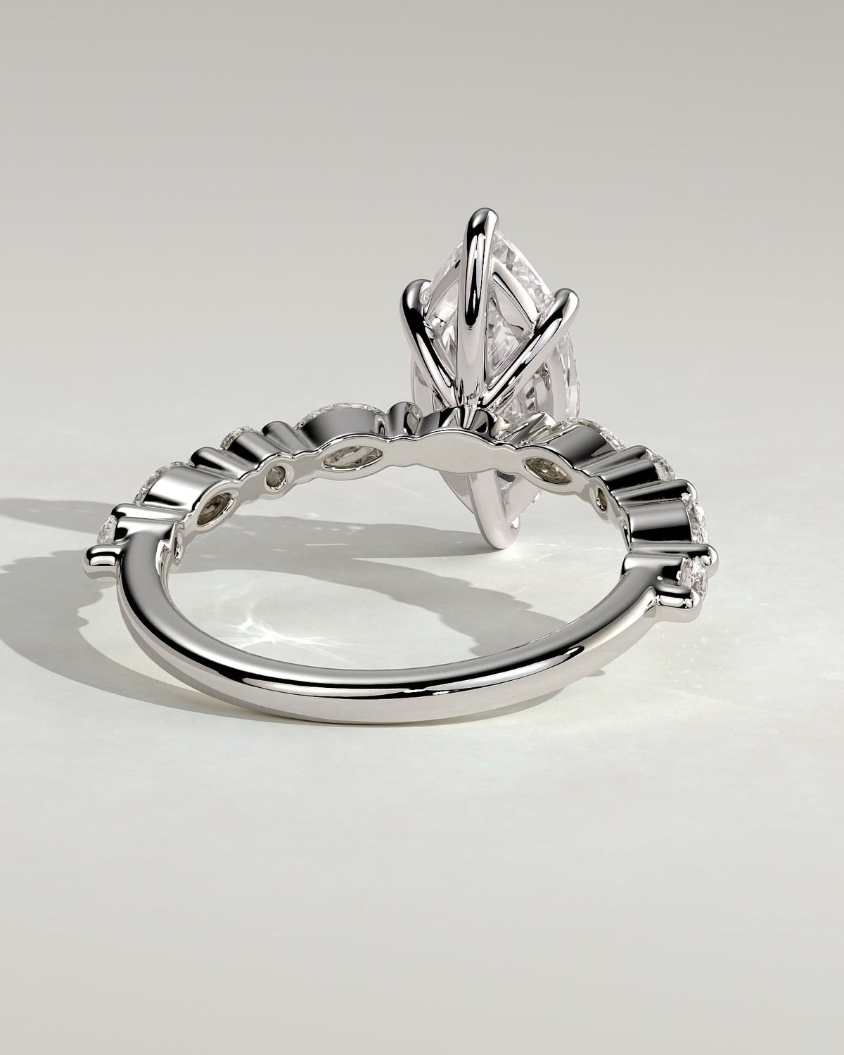 Beatrice - Marquise Claw Solitaire with Marquise and Round Accent Stones Engagement Ring - White Gold