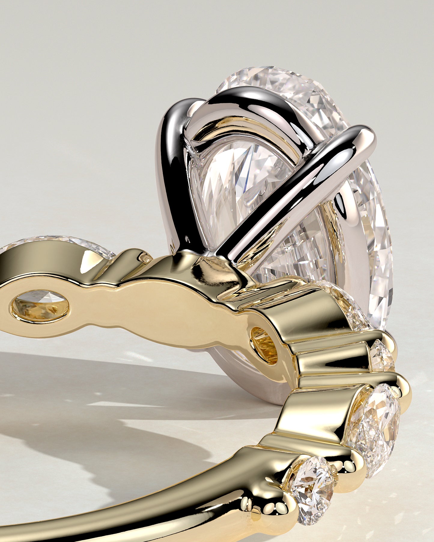 Alyssa - Oval Claw Solitaire with Marquise and Round Accent Stones Engagement Ring - Yellow Two-Tone - Yellow Two-Tone 2ct