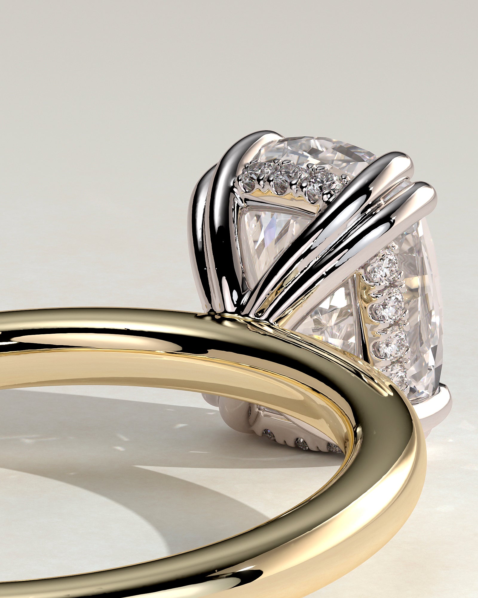 Aubrey - Elongated Cushion Double Claw Solitaire with Hidden Halo Engagement Ring - Yellow Two-Tone - Yellow Two-Tone 2ct